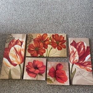 Orange and Tan Floral Canvas Wall Art Set - 5 Pieces